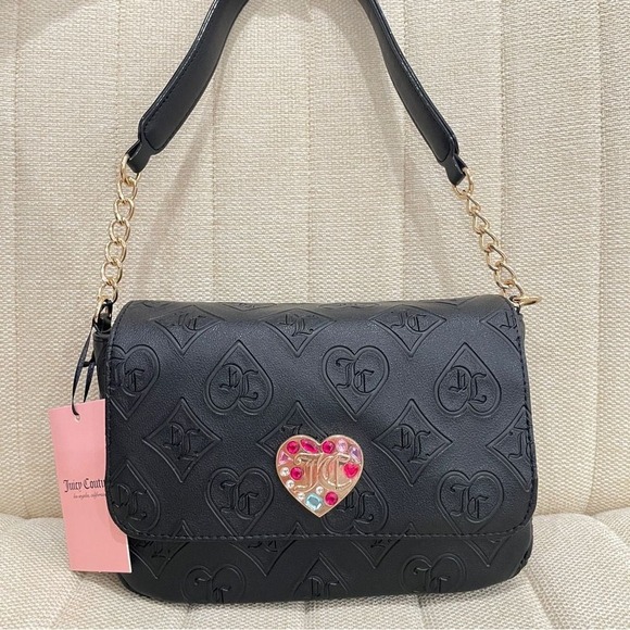 NEW Juicy Couture‎ Black Clay Glitzed Out Shoulder Bag Heart Diamond Logo - Picture 1 of 6